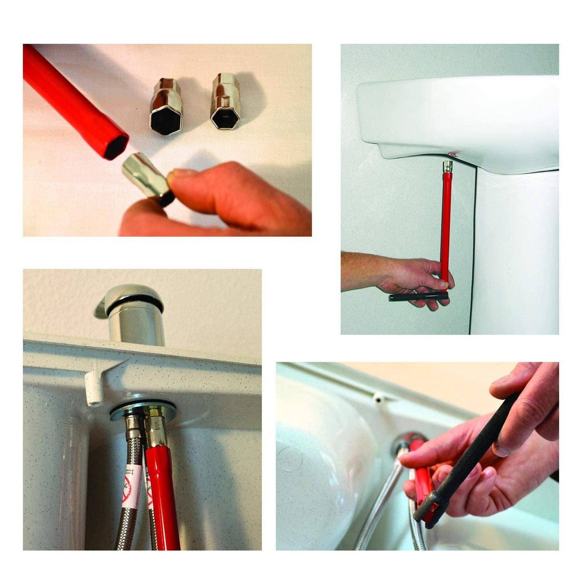 Red socket wrench in use on a tap fitting with hex socket tools