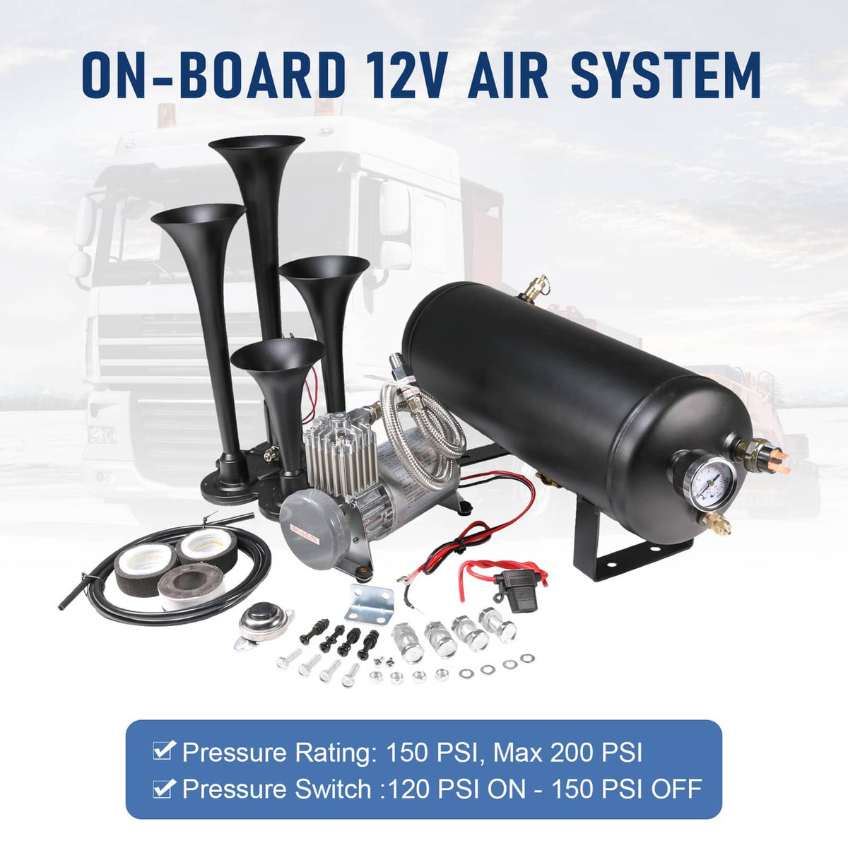 Black on-board air horn system with four trumpet horns and mounted compressor