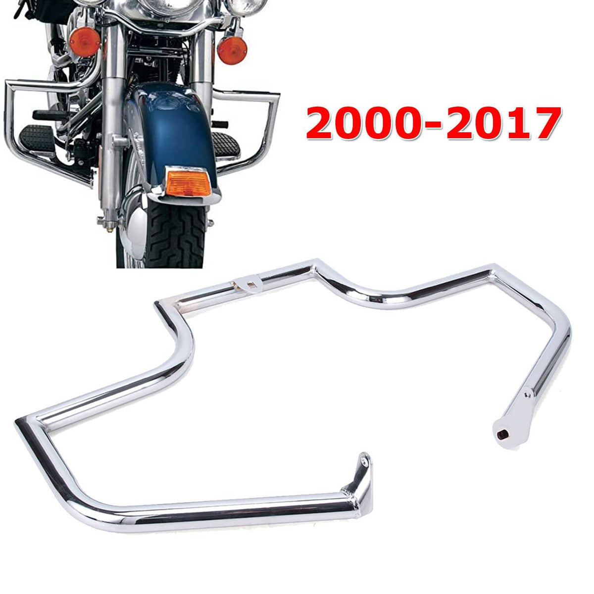 Chrome highway engine guard crash bar, front view with 2000-2017 fitment marking