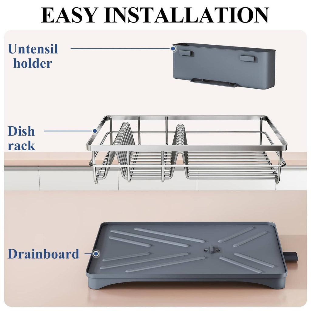 Dish rack with removable drainboard and utensil holder for easy installation.