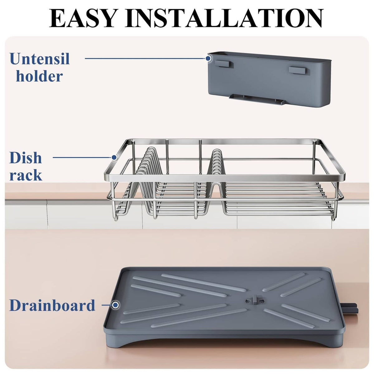 Dish rack with removable drainboard and utensil holder for easy installation.