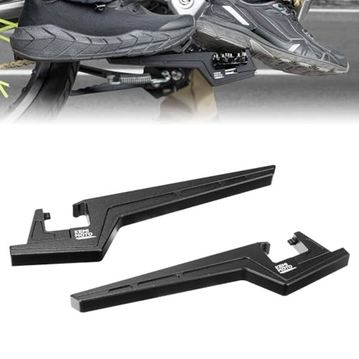Pair of black adjustable passenger footpegs with mounting brackets and textured grip surface