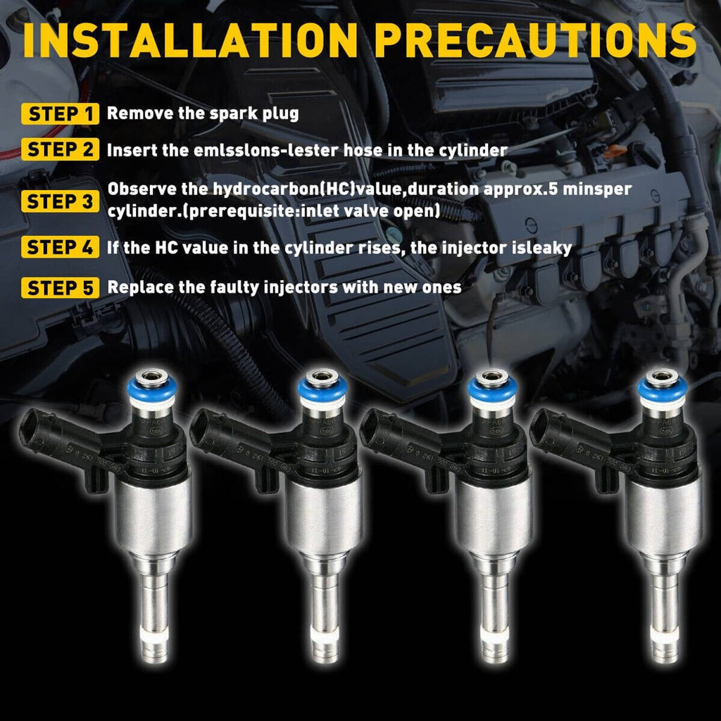 Four silver fuel injectors with blue seals and black connectors
