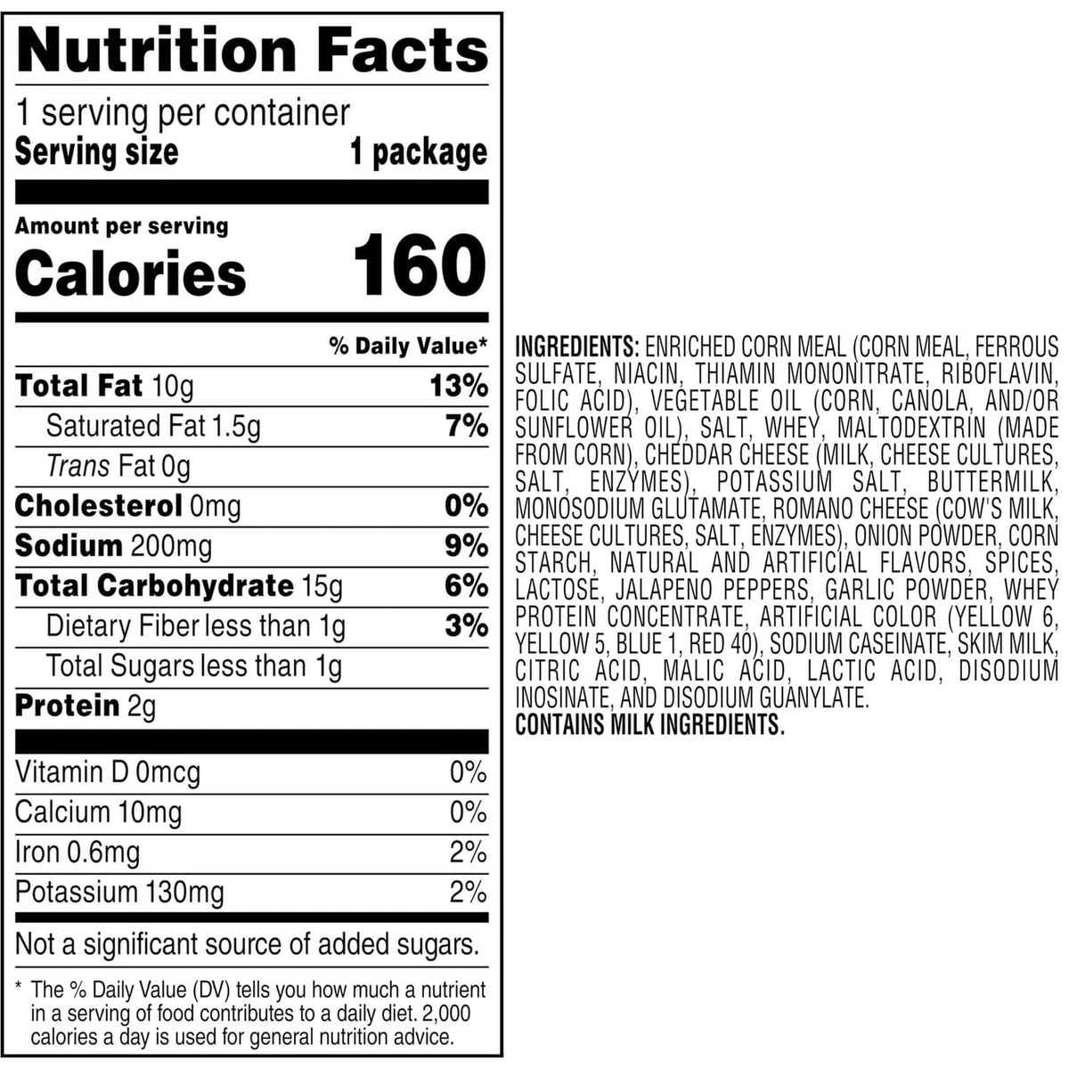 Nutrition Facts label for cheddar jalapeno crunchy cheese snacks, calories and ingredients