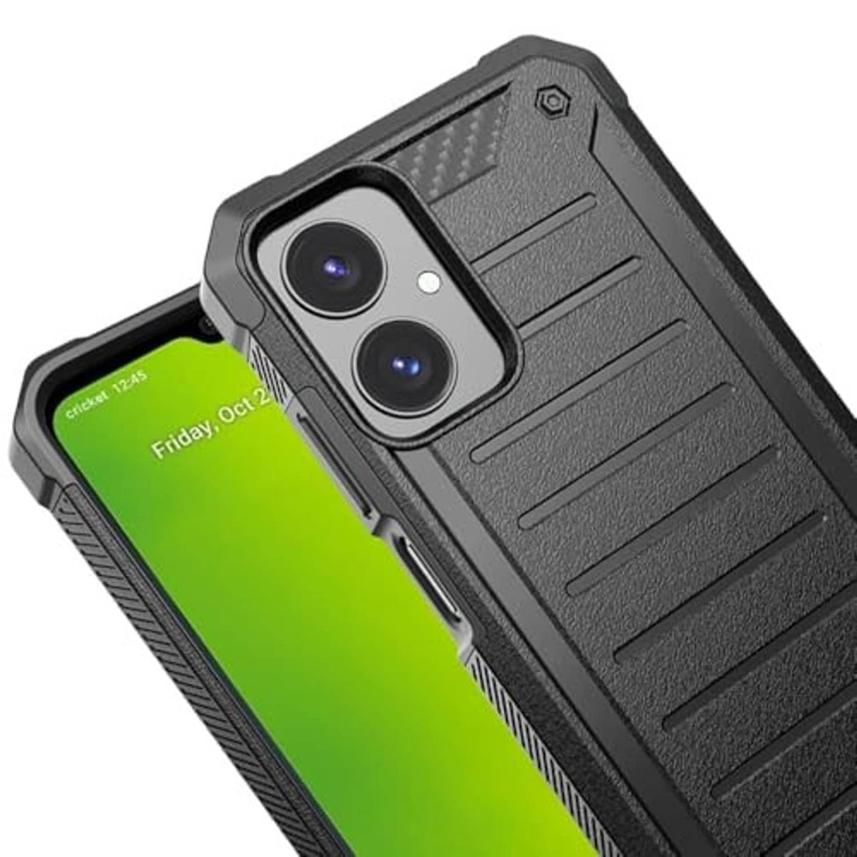 Black rugged phone case close-up with dual camera opening and textured ridges