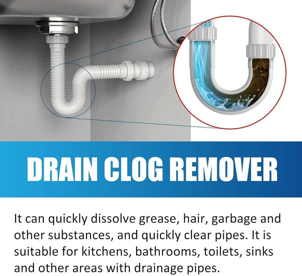 Sink drain with U-pipe illustration and blue liquid flow from drain clog remover