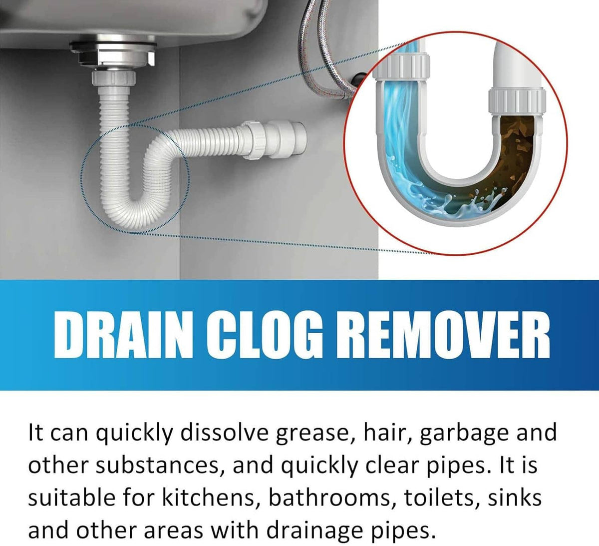 Sink drain with U-pipe illustration and blue liquid flow from drain clog remover