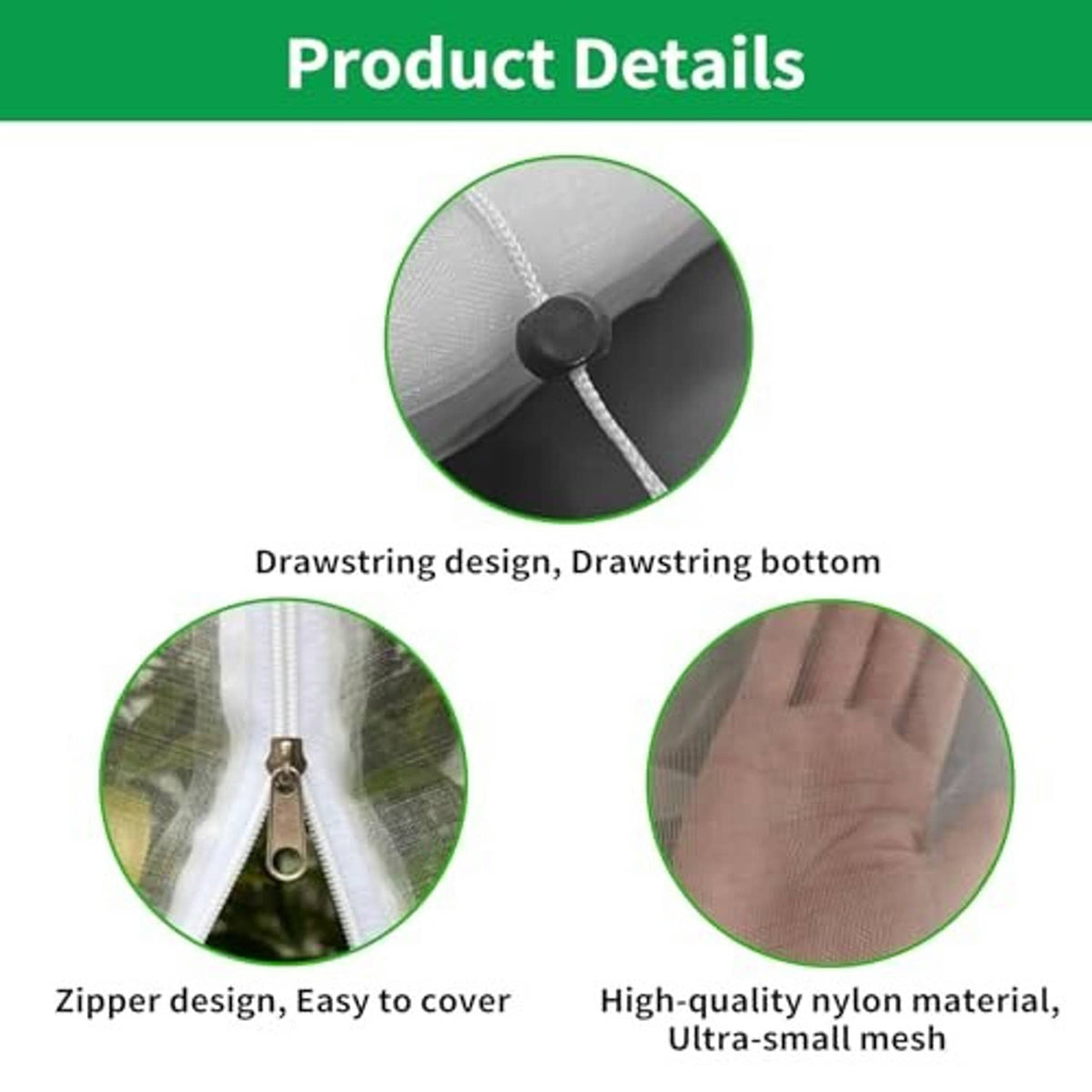 Fruit tree netting bag details: drawstring bottom, zipper closure, ultra-fine mesh