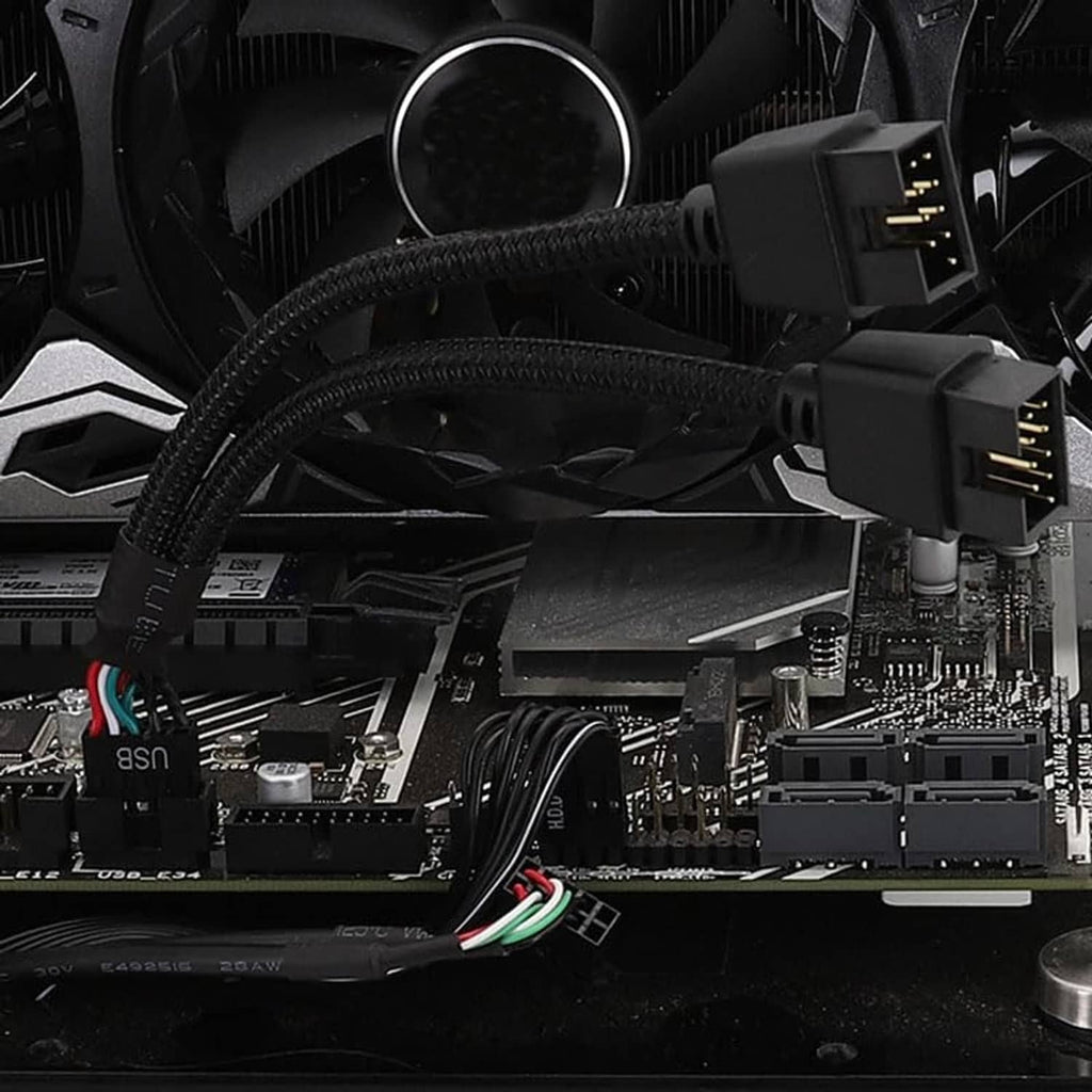 Dual 9-pin USB header splitter cables plugged into motherboard USB ports