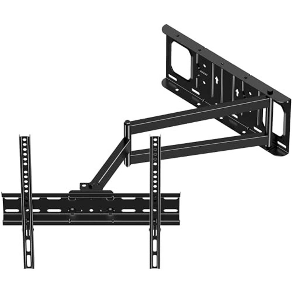 Black TV wall mount with long swinging arm and vertical mounting posts