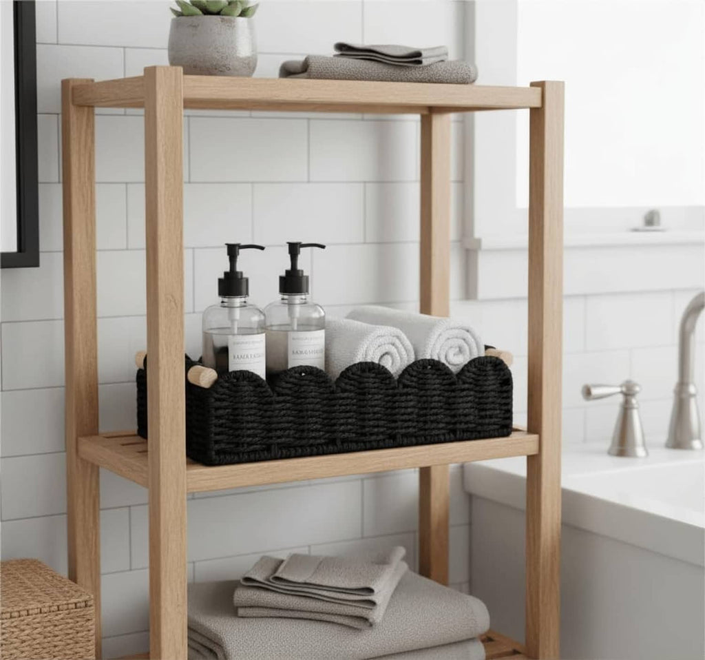 Black woven storage basket with wood-capped handles holding bottles and folded towels