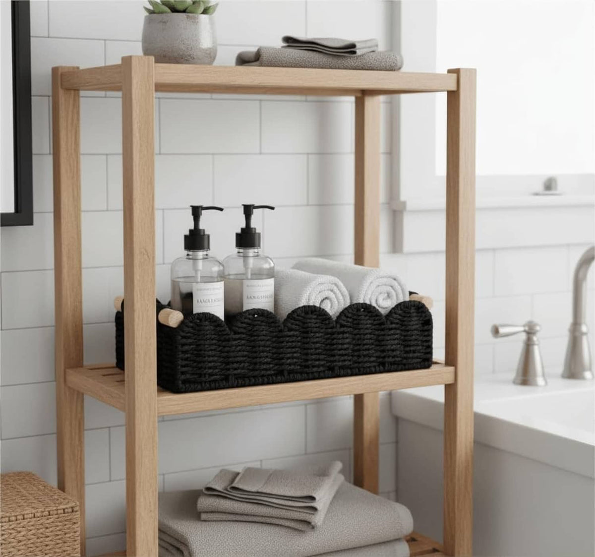 Black woven storage basket with wood-capped handles holding bottles and folded towels