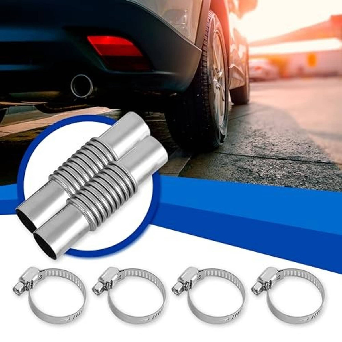 Stainless steel exhaust pipe connector with corrugated sleeve and 4 hose clamps