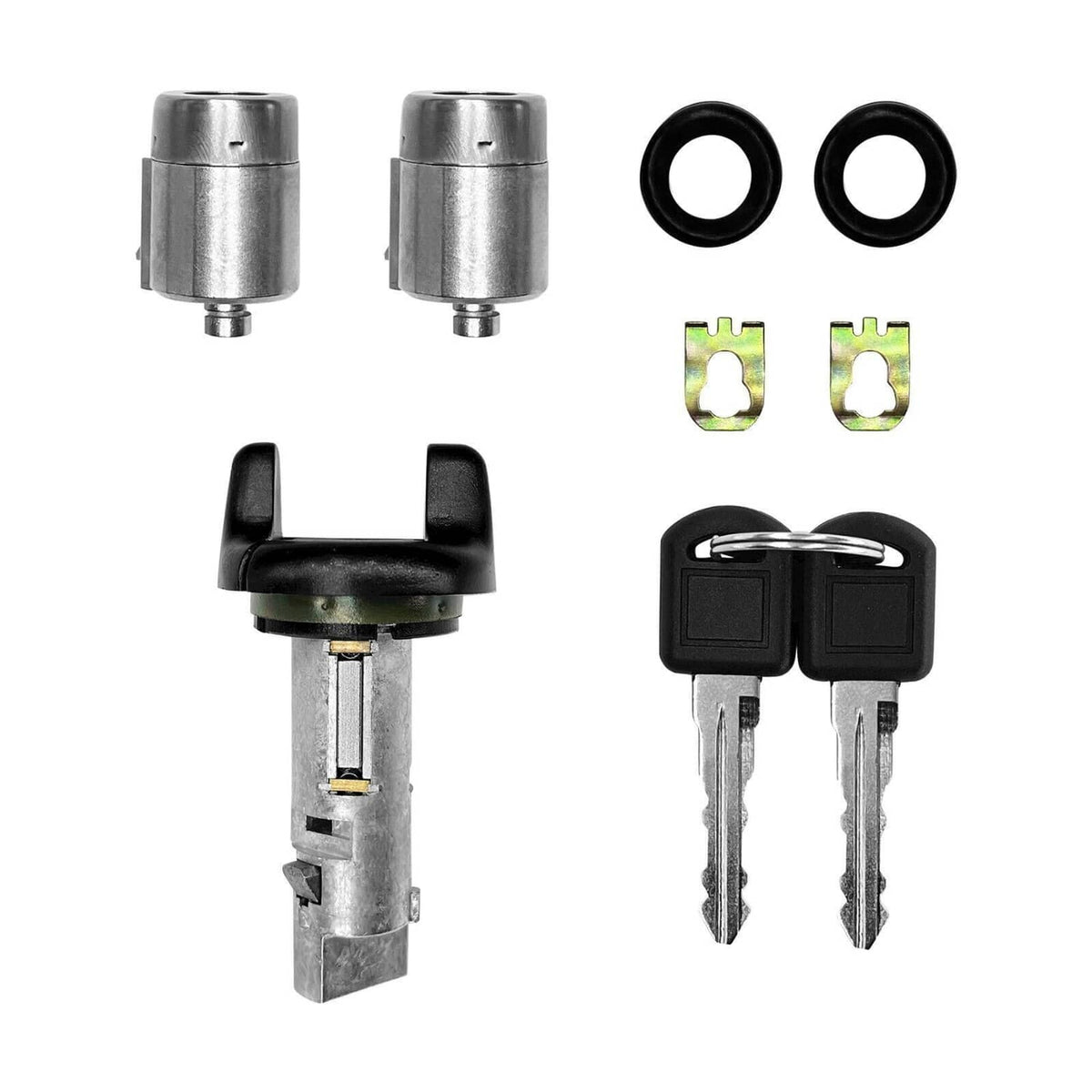 Ignition and door lock cylinders kit with two keys, rings, and mounting clips
