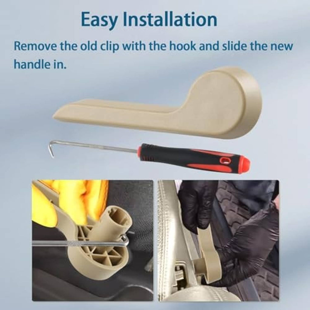 Beige seat recliner handle lever with metal hook tool for easy installation, inset fit shots