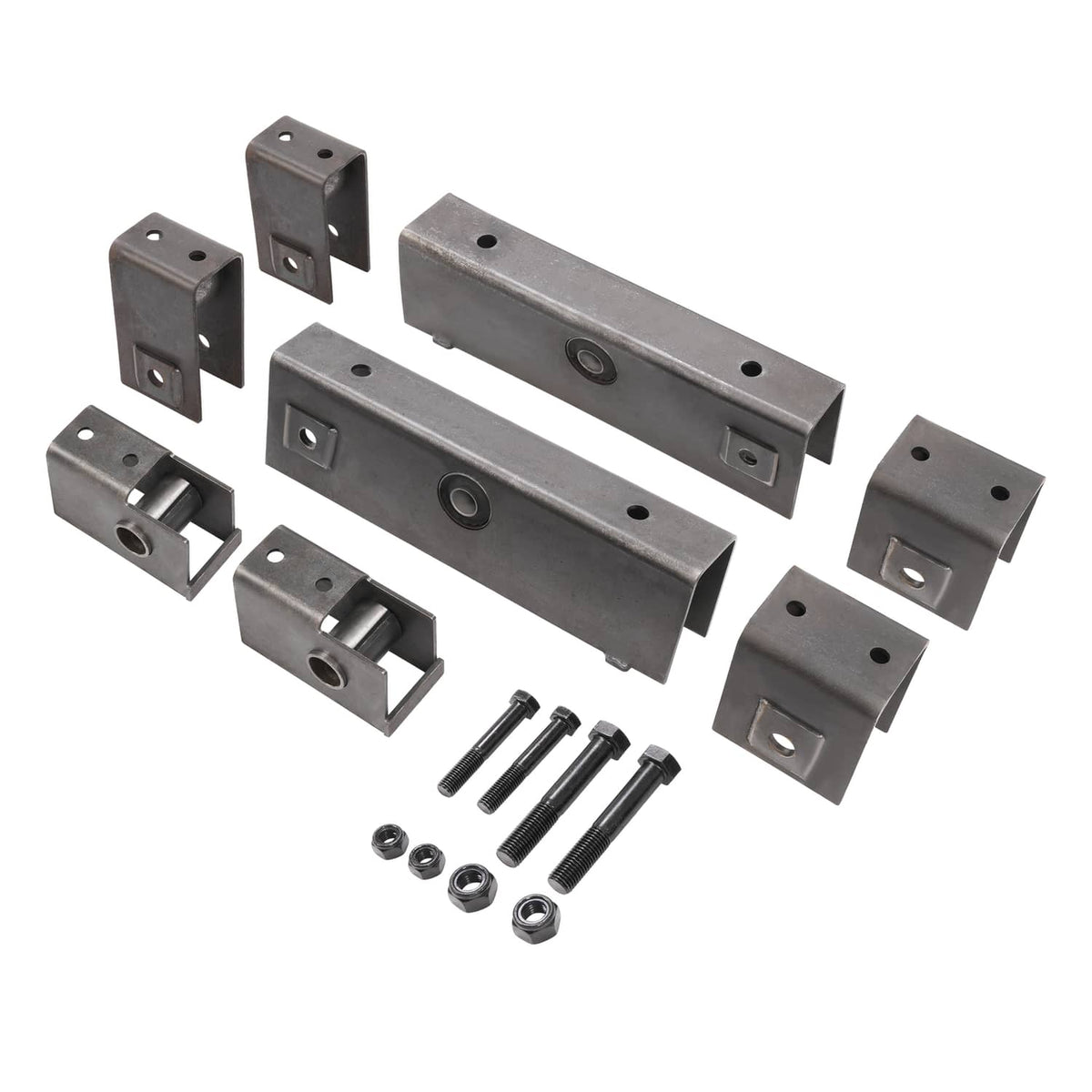 Trailer hanger kit hardware with long shackle-style brackets and side plates
