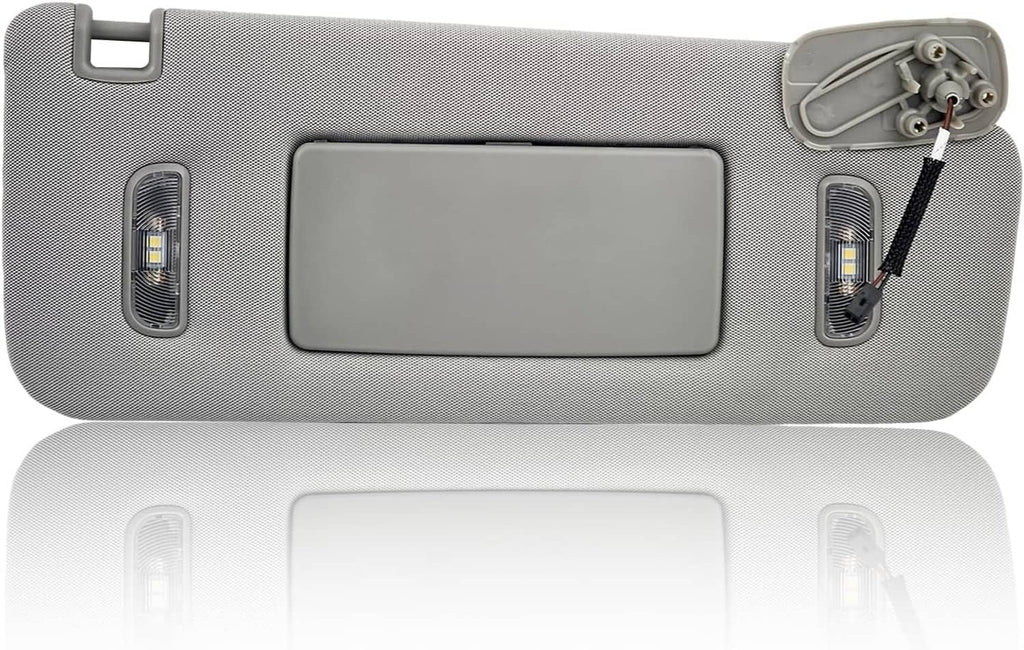 Right-side car sun visor, gray fabric with centered mirror window and dual vertical LED lights
