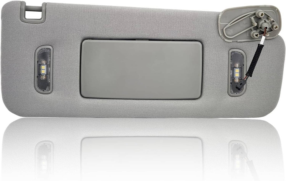 Right-side car sun visor, gray fabric with centered mirror window and dual vertical LED lights