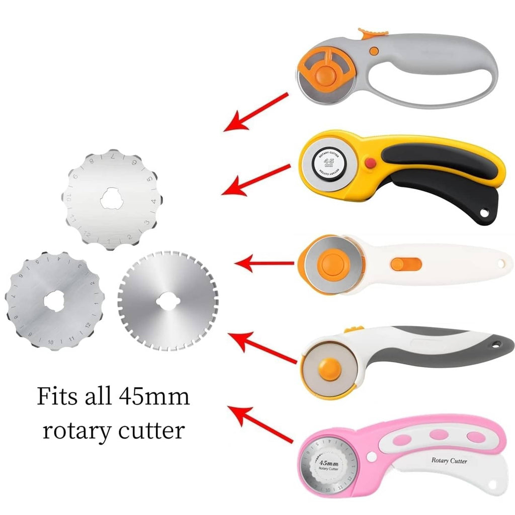 45mm rotary cutter blade discs for skip-stitch cutting, 6-pack shown with cutters