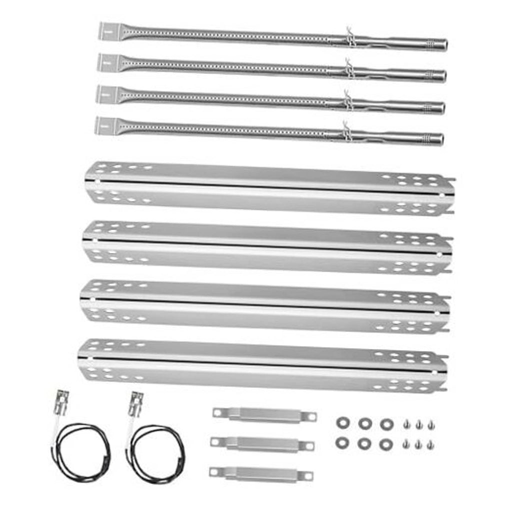 Stainless steel grill heat plates, perforated bars with crossover tubes and fasteners.