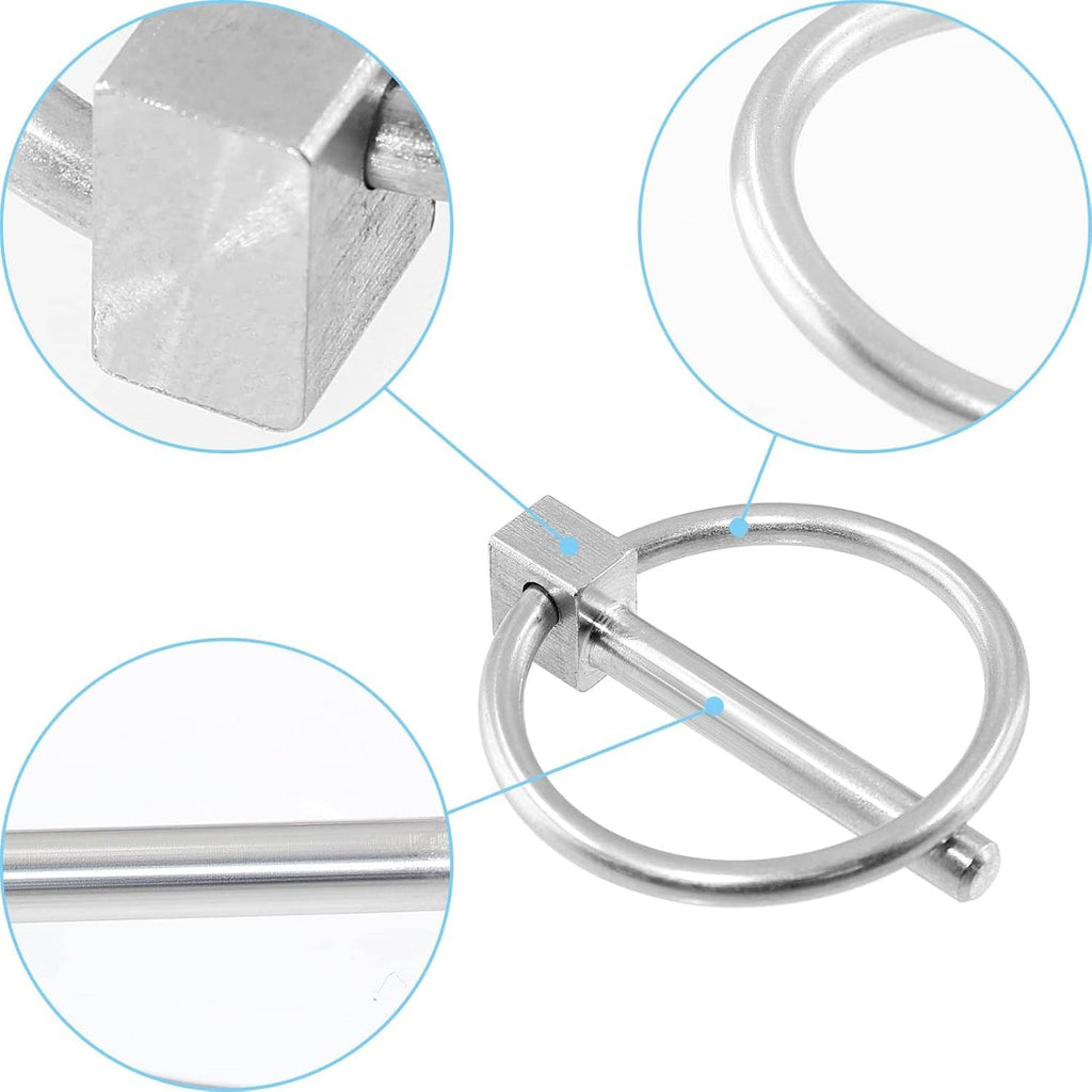 Stainless steel lynch pin with loop ring, locking block, and straight bar detail