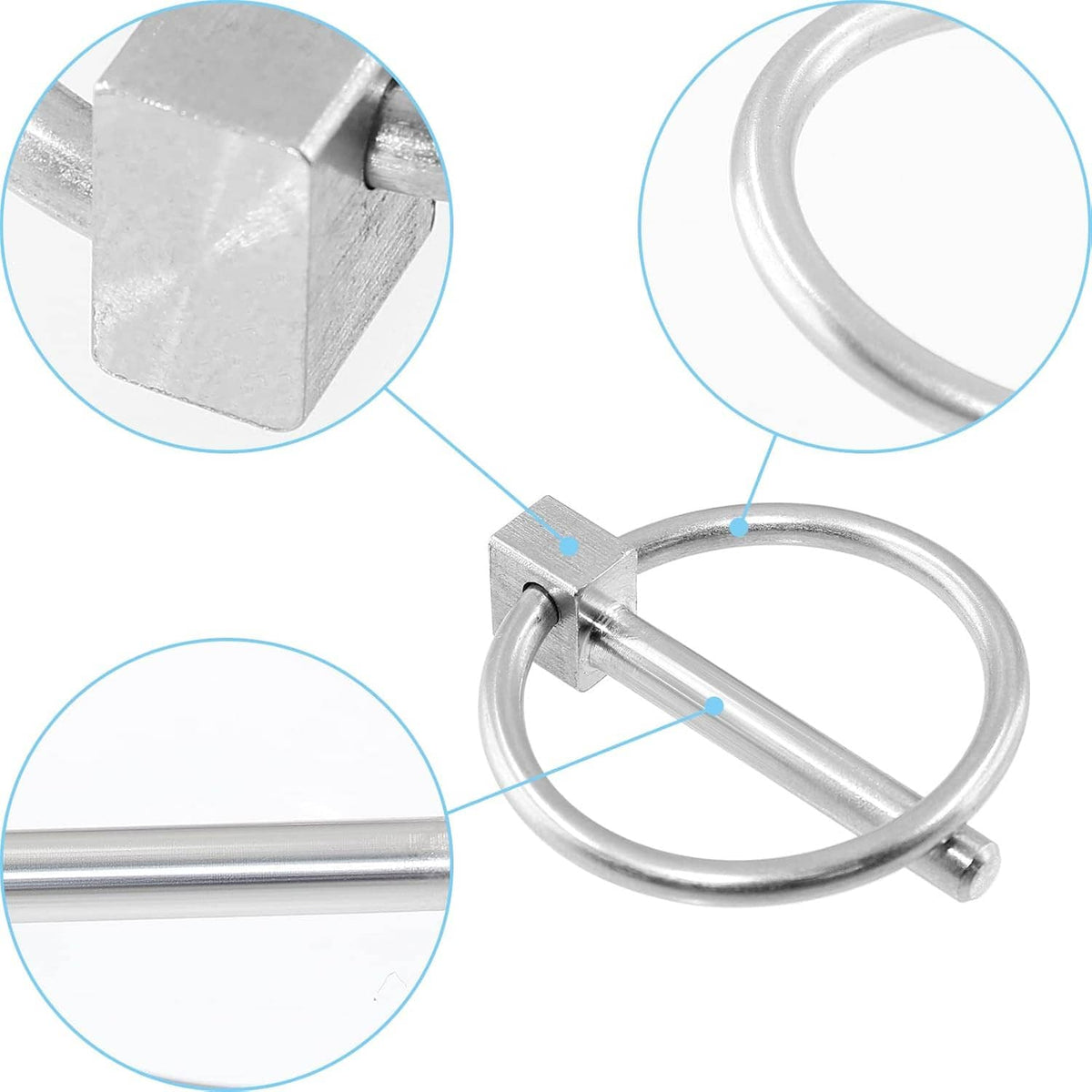 Stainless steel lynch pin with loop ring, locking block, and straight bar detail