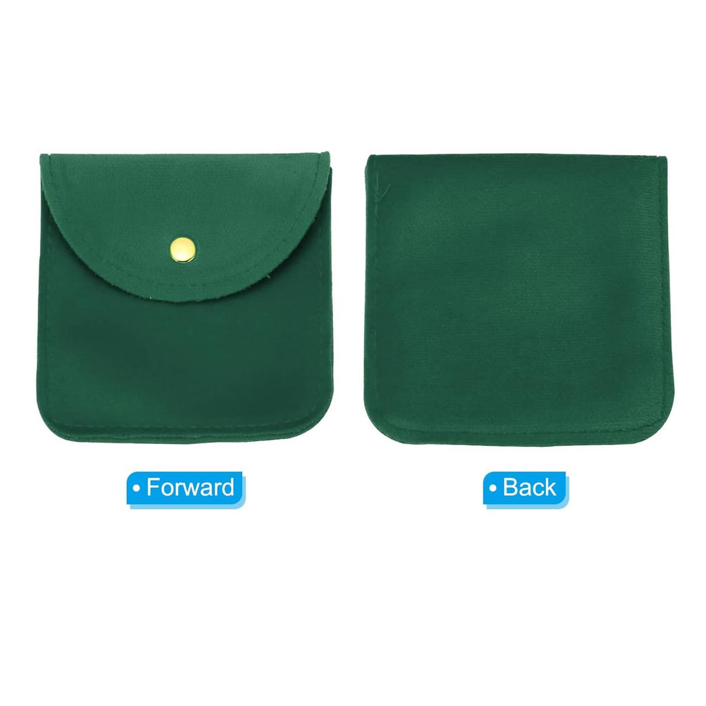 Two dark green jewelry pouches: front snap flap and plain back