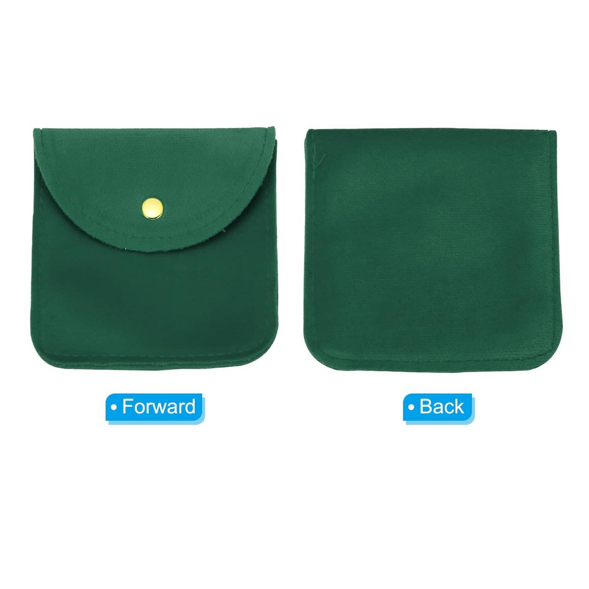 Two dark green jewelry pouches: front snap flap and plain back