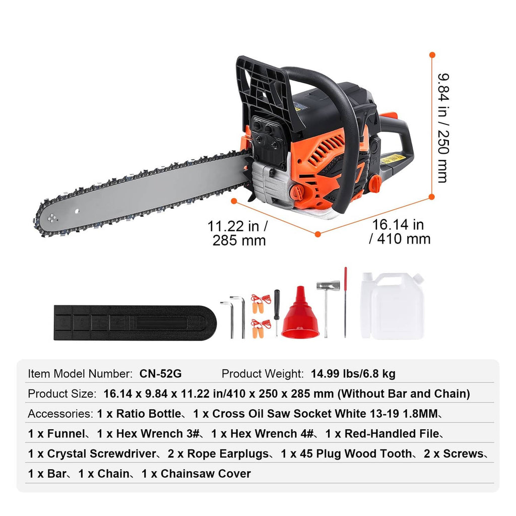 18-inch gas chainsaw kit with bar cover, funnel, hex wrenches, and small tools