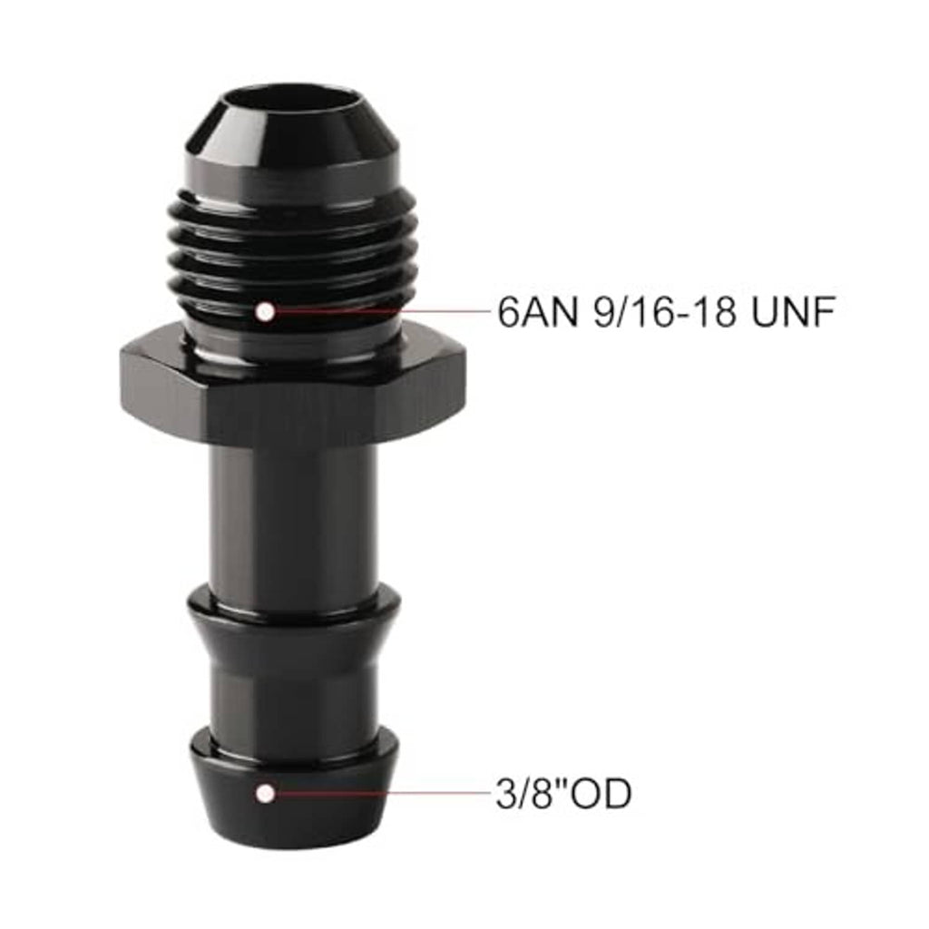 Black 6AN flare male fitting showing 3/8 in OD and UNF thread