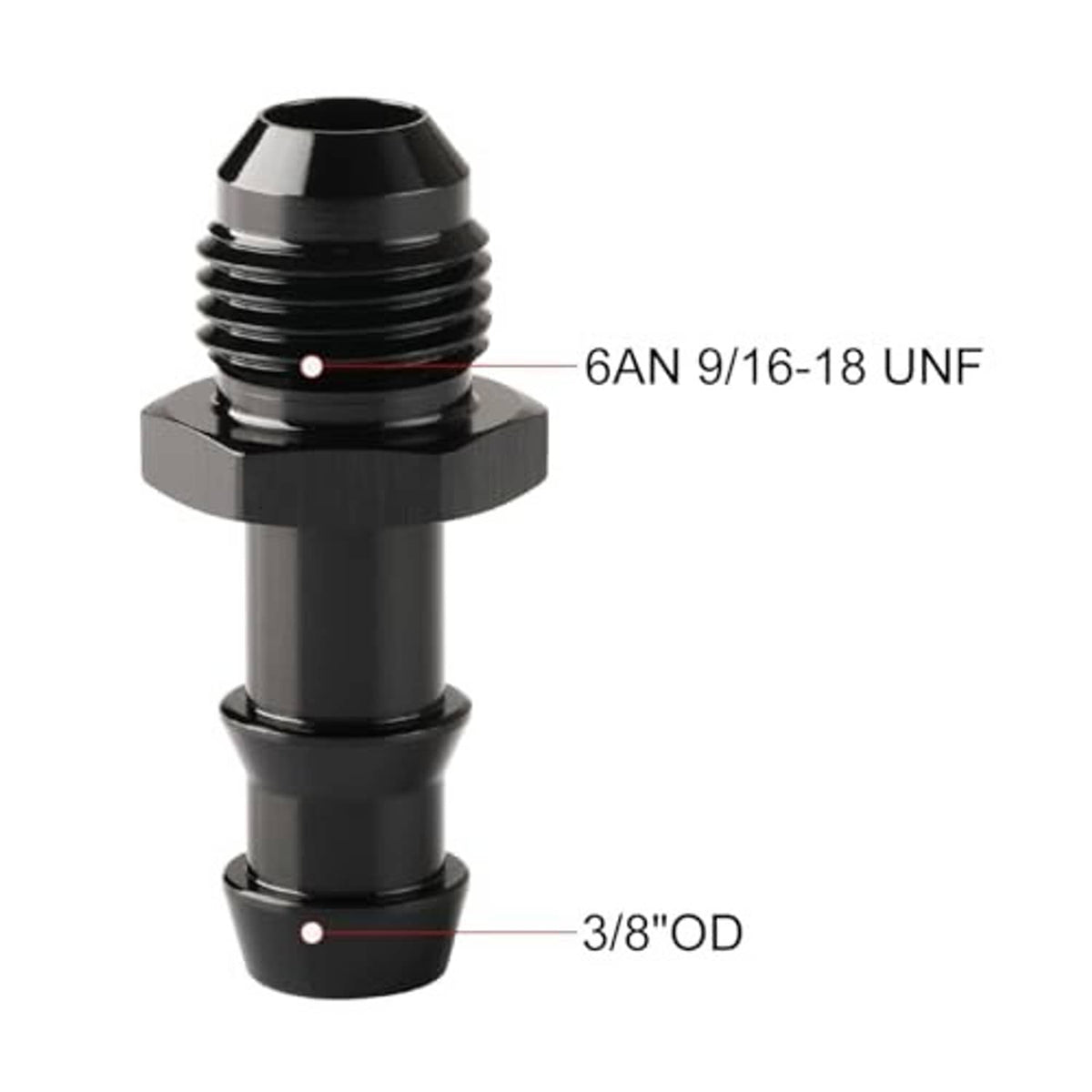 Black 6AN flare male fitting showing 3/8 in OD and UNF thread