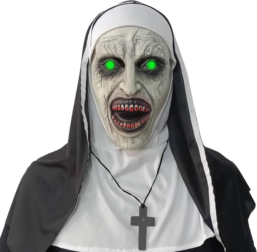 Horror nun full-head mask with hood, pale face, glowing green eyes, open mouth, cross charm