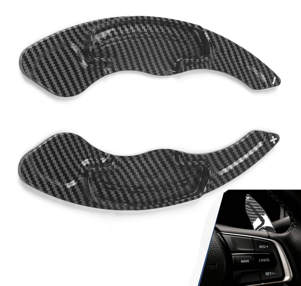 Carbon fiber-style steering wheel paddle shift cover set, dark weave, pair with plus mark