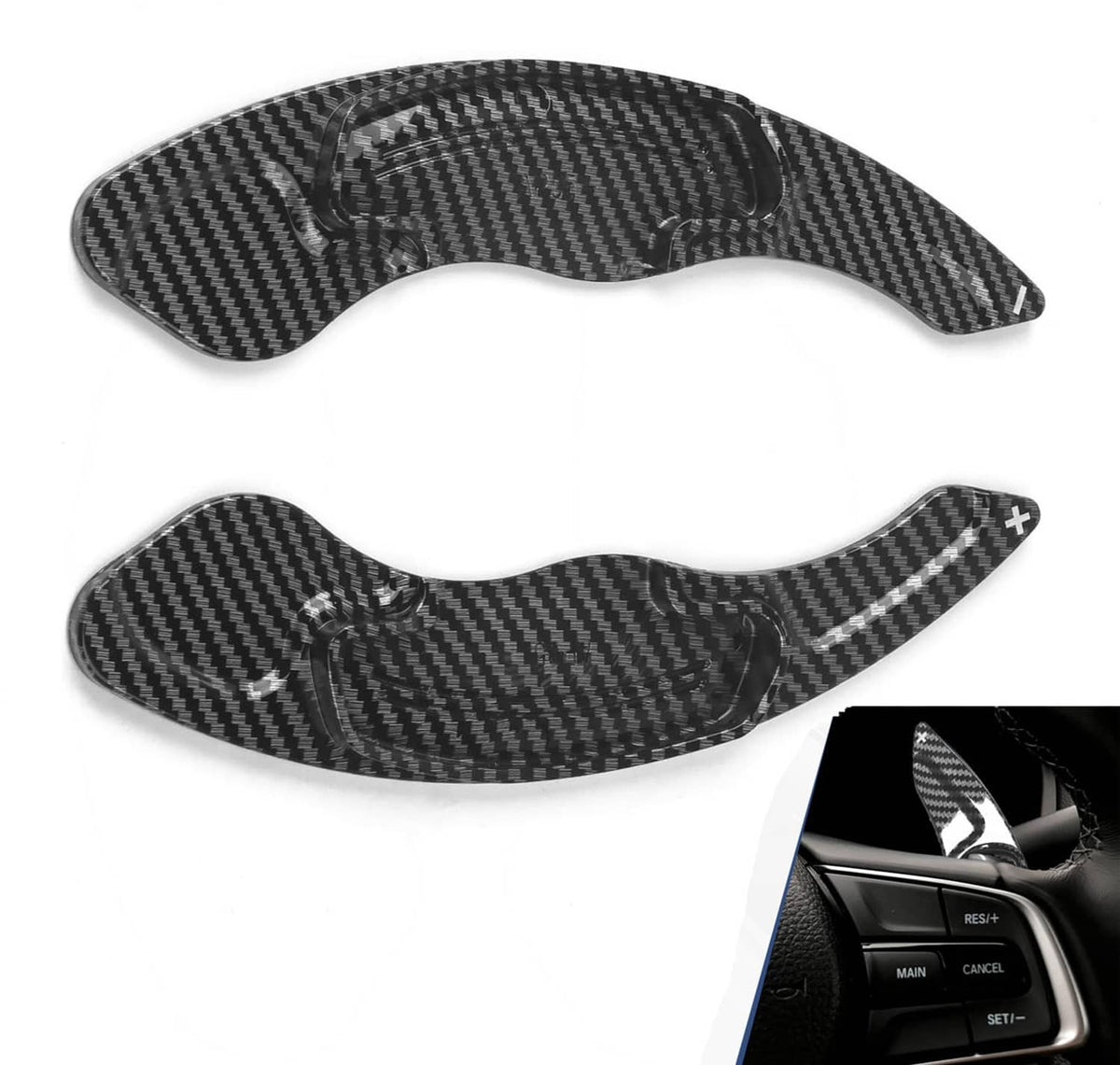 Carbon fiber-style steering wheel paddle shift cover set, dark weave, pair with plus mark