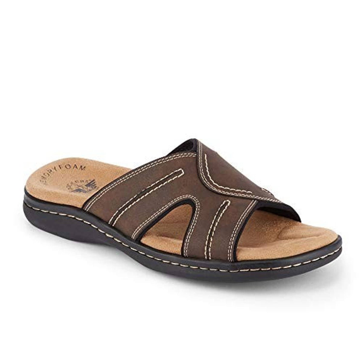 Dark brown slide sandals with cutout strap and contrast stitching, open toe