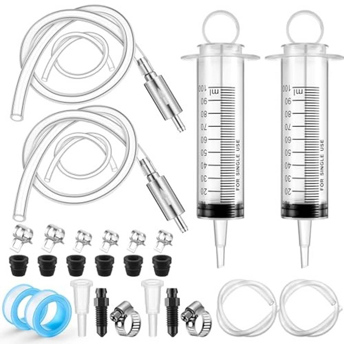 Hydraulic brake bleeder kit with two syringes, clear hoses, clamps, and black caps