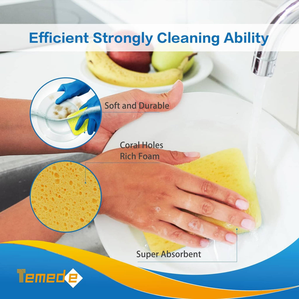 Yellow rectangular cellulose dish sponge held in hand, thick porous foam cleaning.