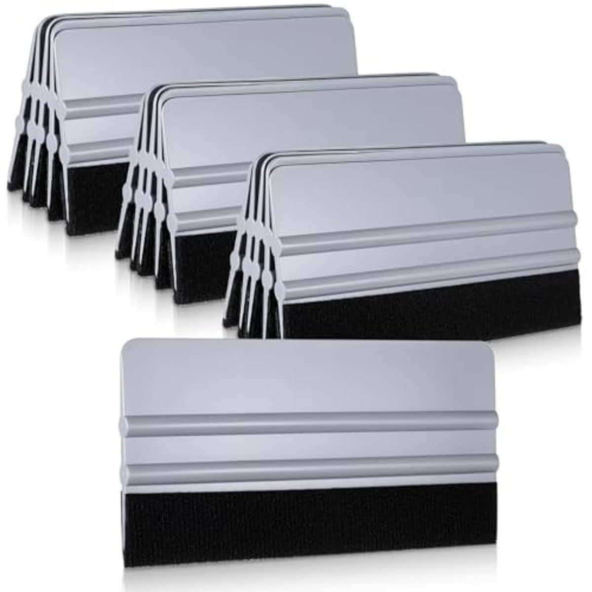 Stacked gray plastic squeegees with black felt edges, 15-pack.