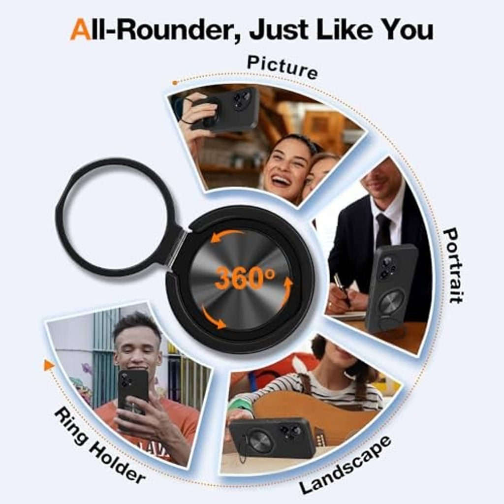 Black phone case with 360 ring holder for hands-free viewing and easy carrying