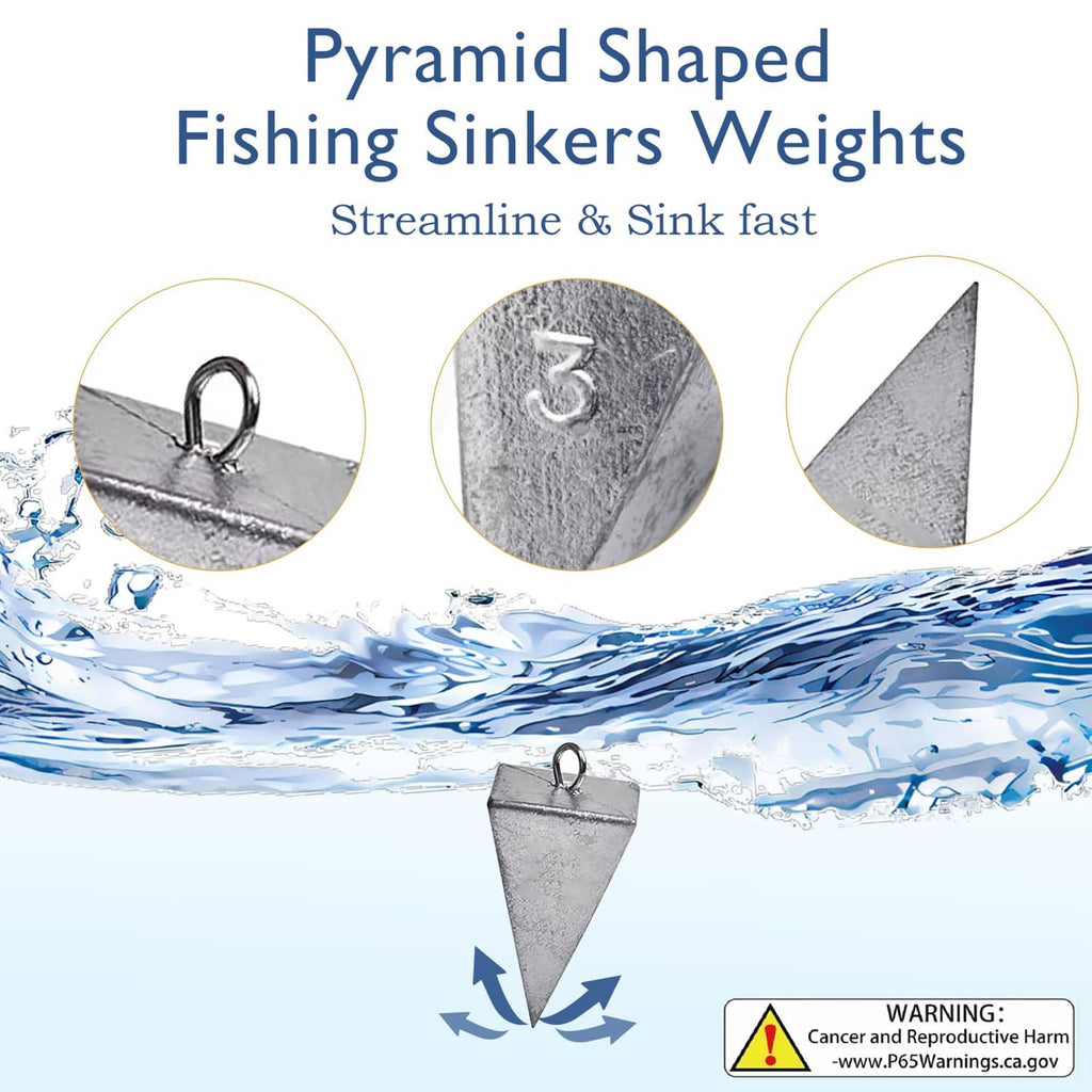 Grey pyramid fishing sinkers with top ring, textured metal finish