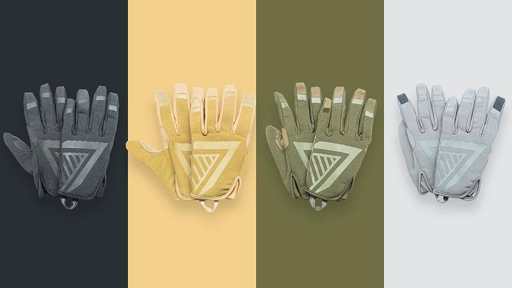 Sport touchscreen gloves in multiple colors, shown as front views on display.