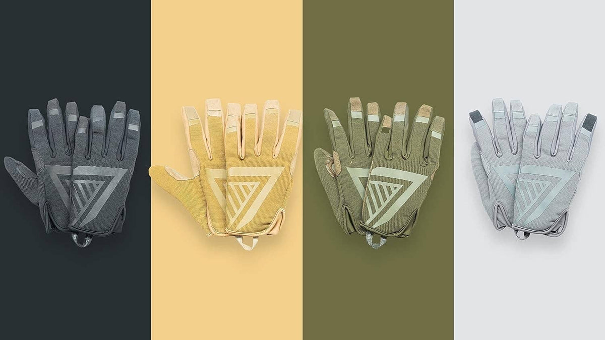 Sport touchscreen gloves in multiple colors, shown as front views on display.