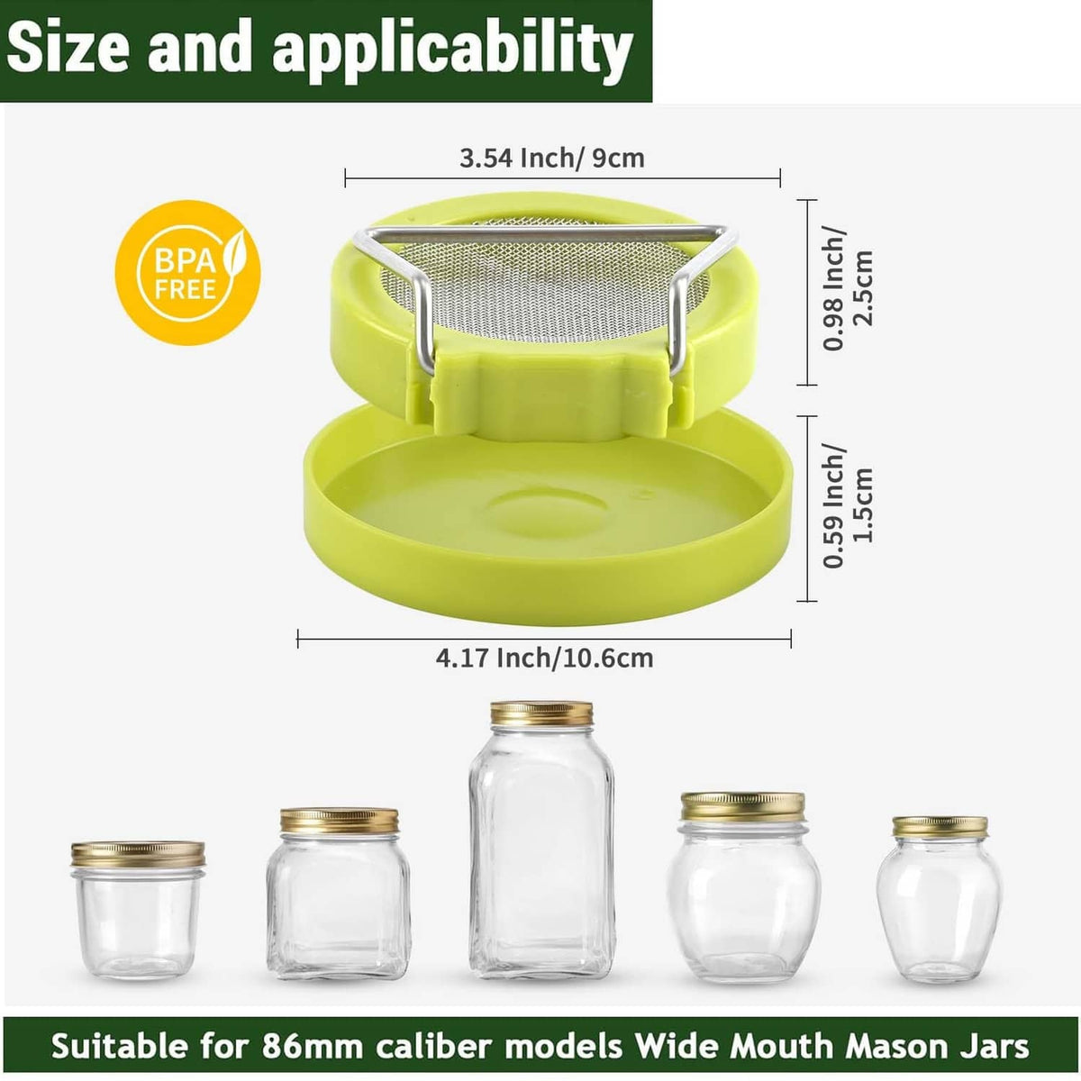 Green wide-mouth sprouter lid set with mesh screen, base, and jar-fitting clamp handle