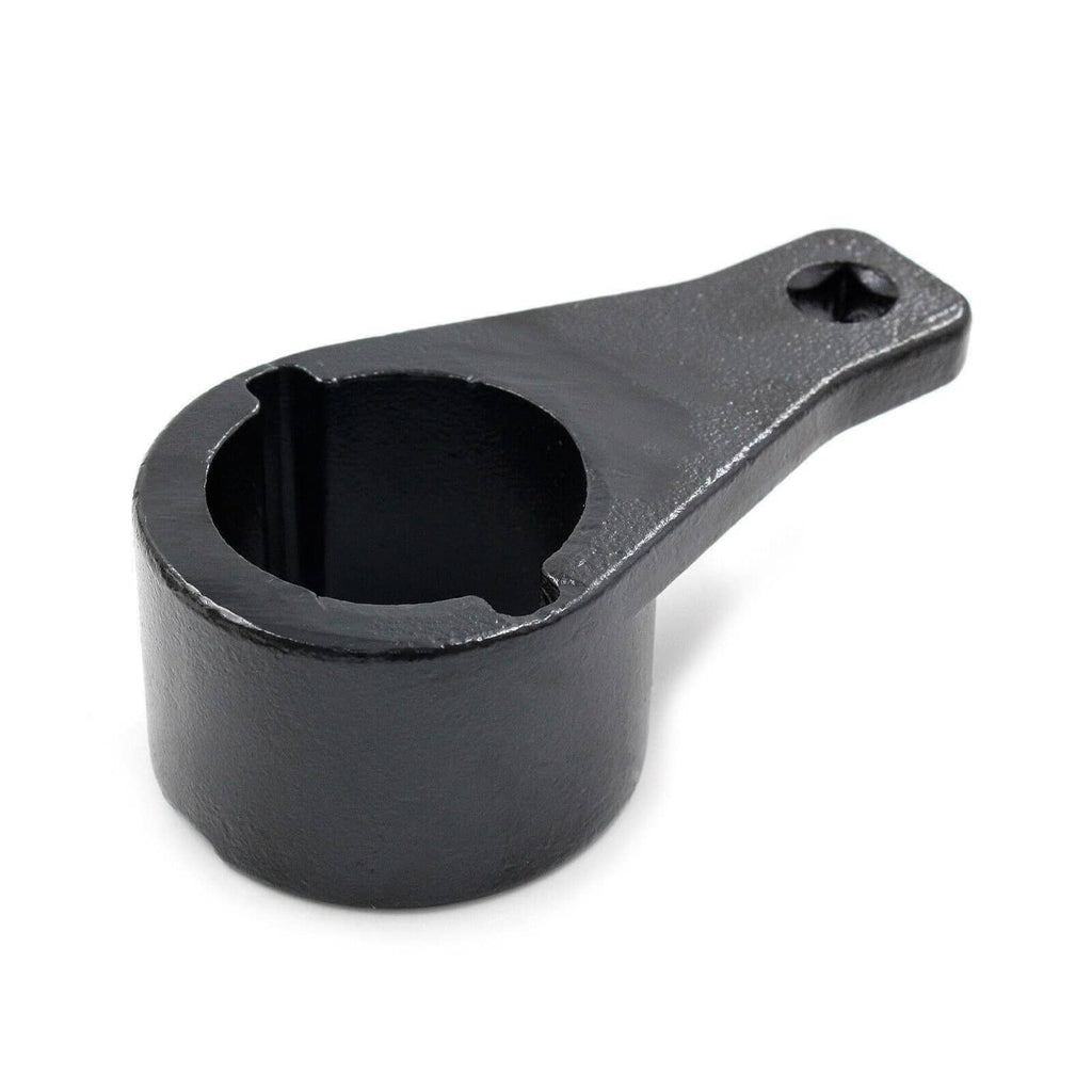 Black crankshaft holding tool with circular socket and bolt hole on metal arm