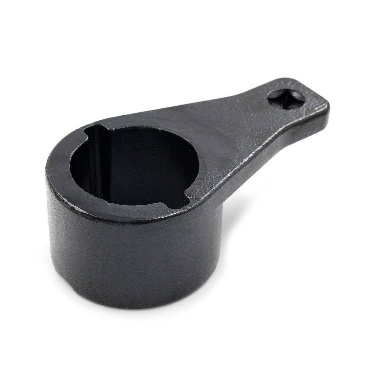Black crankshaft holding tool with circular socket and bolt hole on metal arm