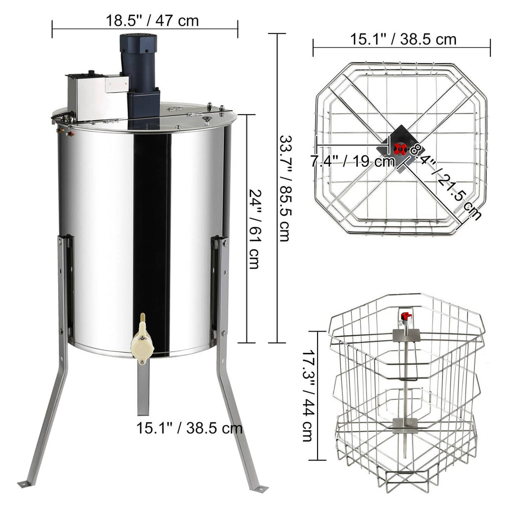 Electric honey extractor with stainless steel drum and frame basket with measurements