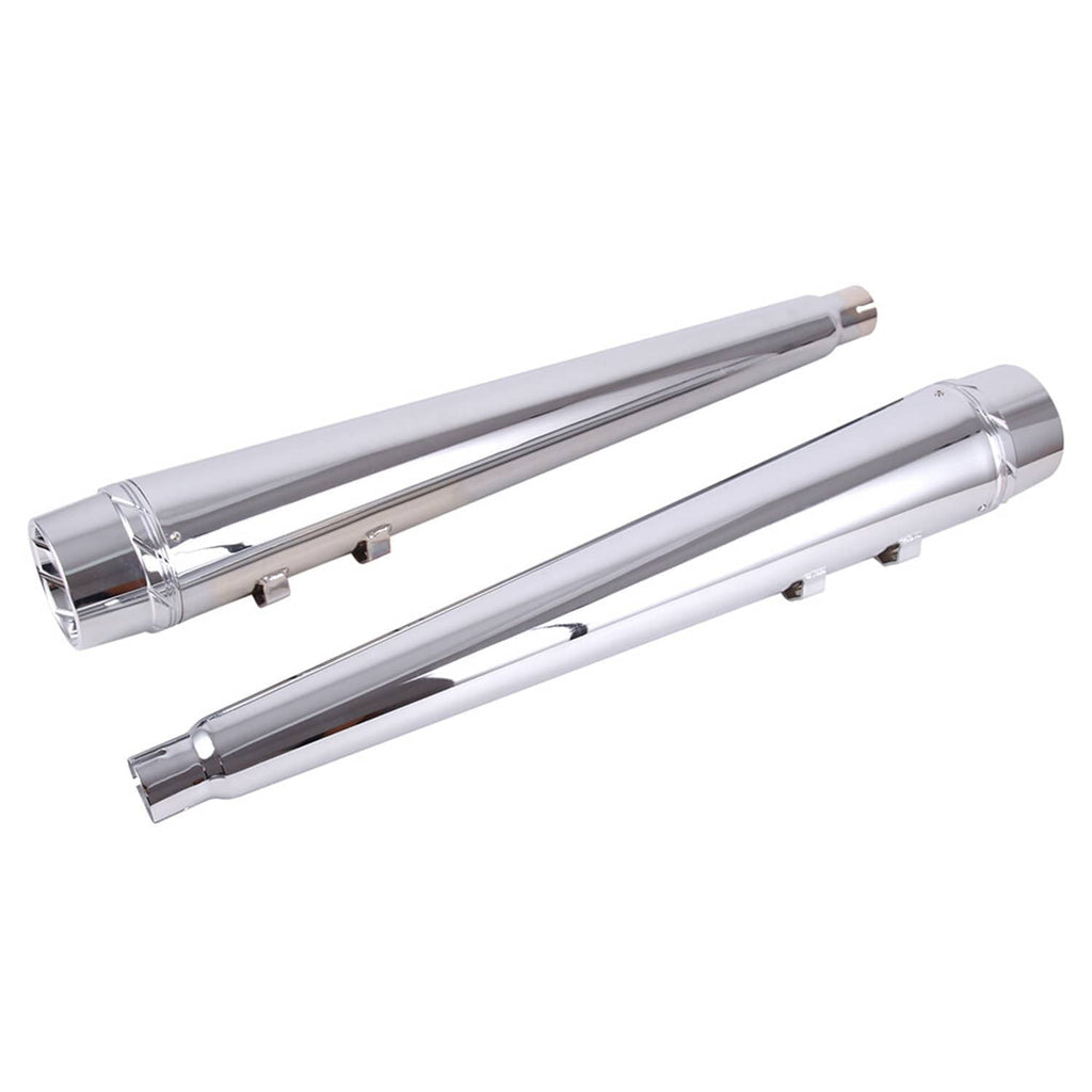 Pair of chrome exhaust muffler pipes with polished caps and mounting slots