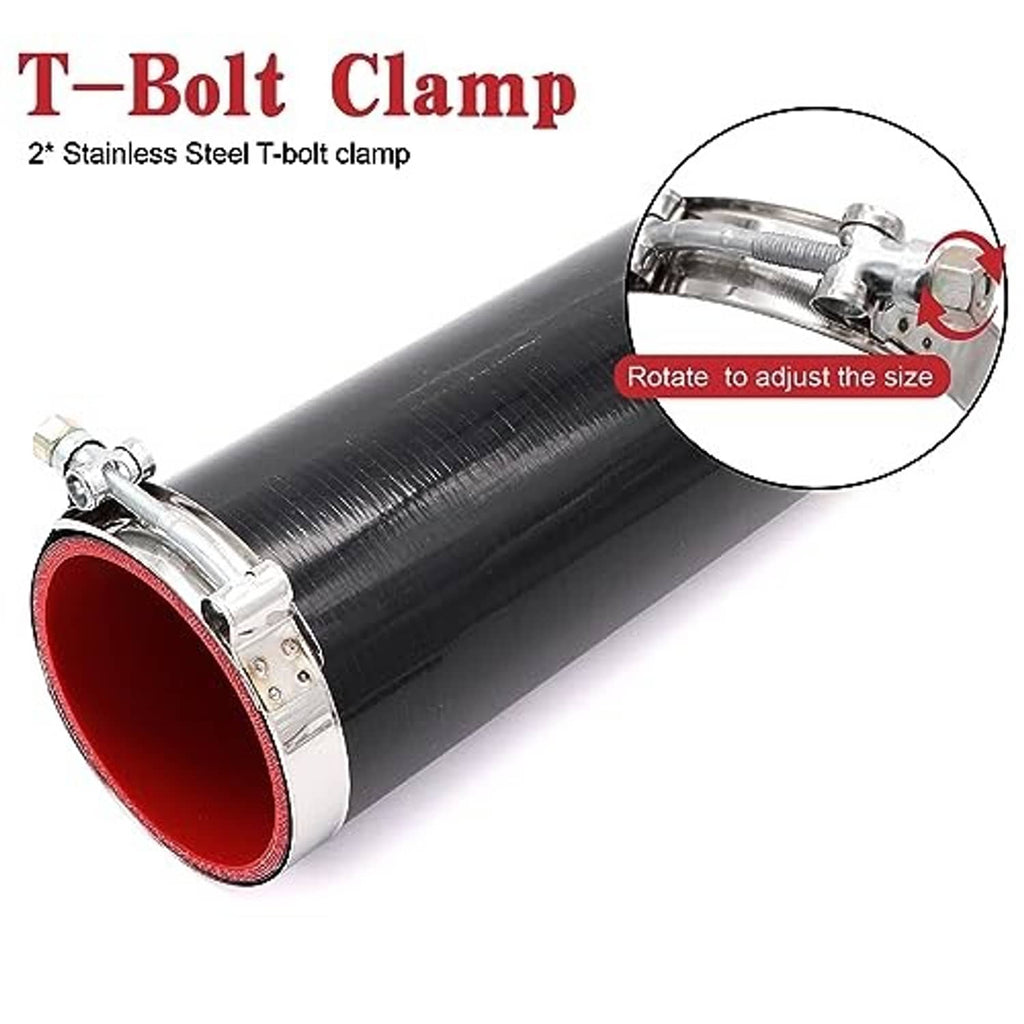 Black silicone hose with red inner lining and a stainless T-bolt clamp