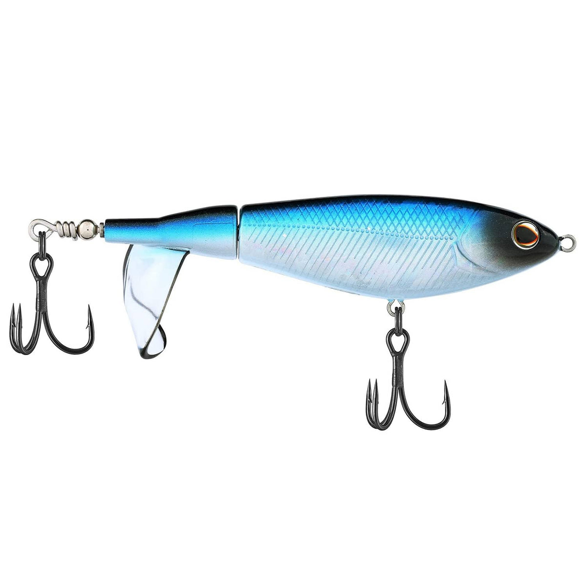 Blue topwater bullet lure with belly hook and rear treble hooks