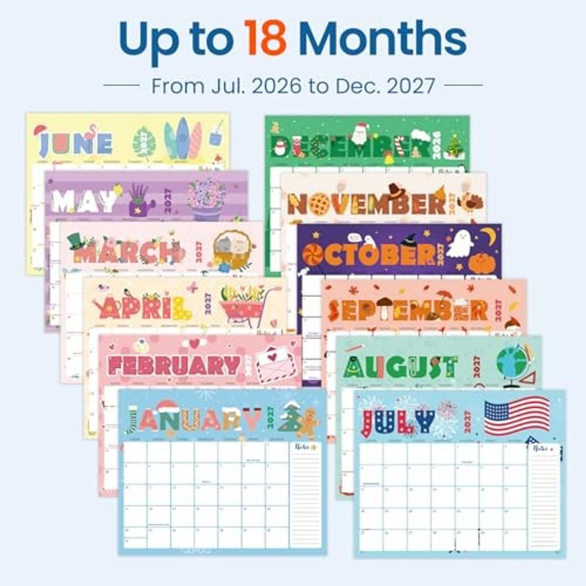 18-month calendar pages showing months from Jul 2026 to Dec 2027